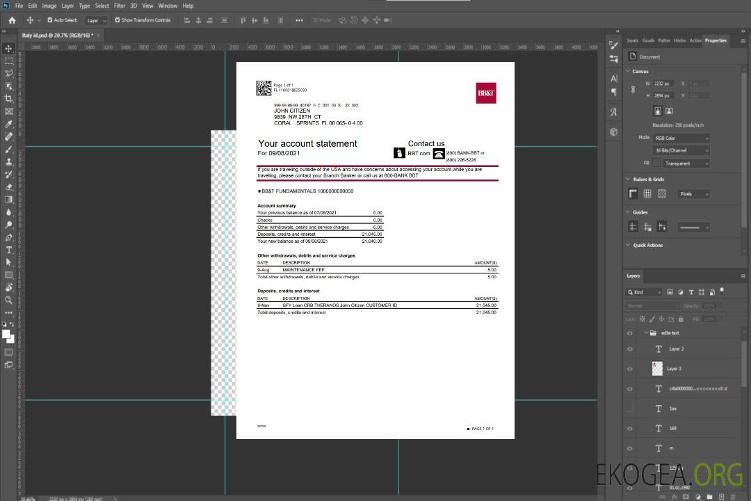 Modèle de relevé de compte bancaire USA Caroline du Nord BB&T Corp. au format Excel et PDF template
